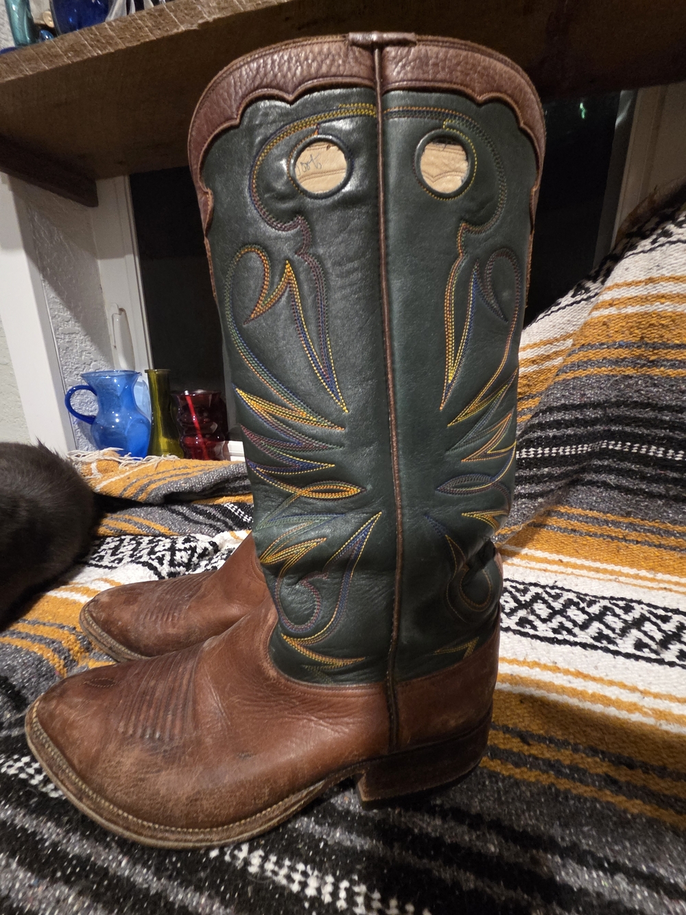 Rare Weinkauf Leather Cowboy Boots Green Embroidered Shaft Fit Like 9D